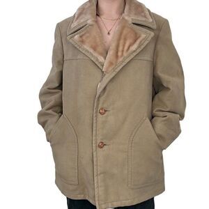 Vintage 70s Stratojac Mens Tan Suede Faux Shearling Retro Wide Collar Jacket 46